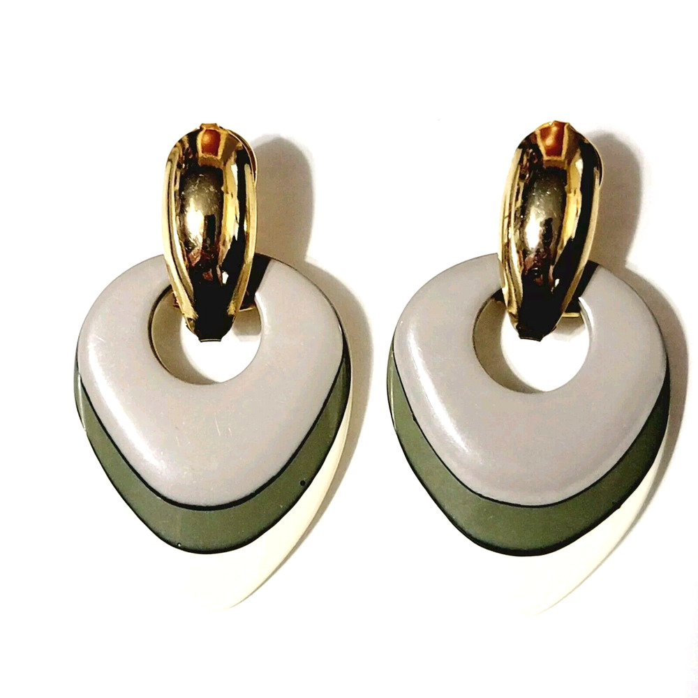 Vintage Dangle Pierced Earrings, 2" Gray Green White, Emamel, Self-Closing bp-5